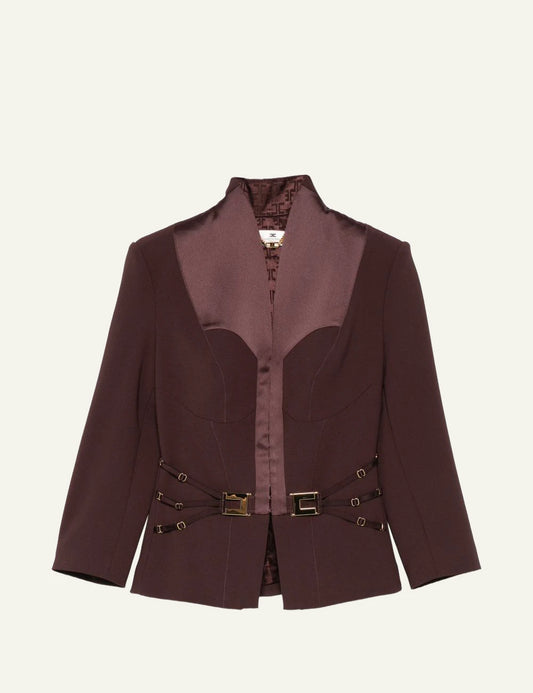 elisabetta franchi brown crepe blazer satin bust corset straps front