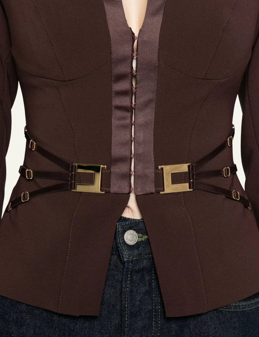 elisabetta franchi brown crepe blazer satin bust corset straps front detail