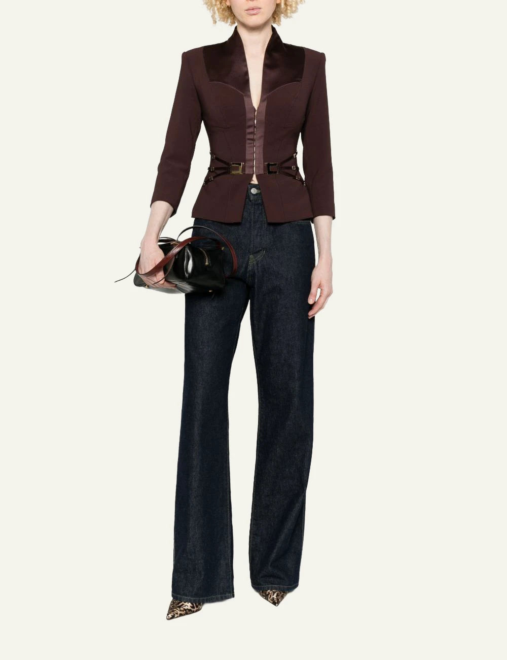 elisabetta franchi brown crepe blazer satin bust corset straps front full body
