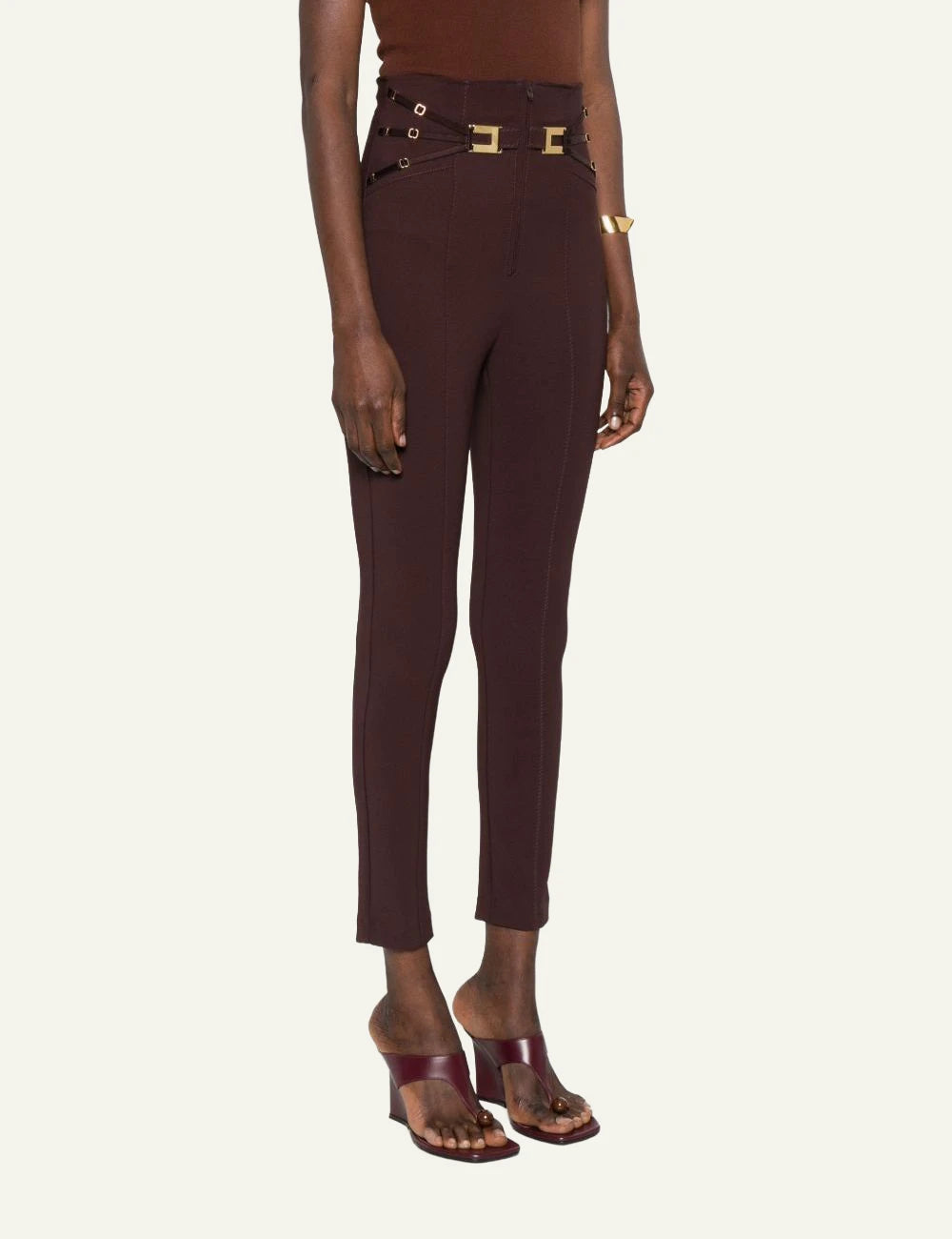 Elisabetta franchi brown crepe trousers corset straps gold logo side