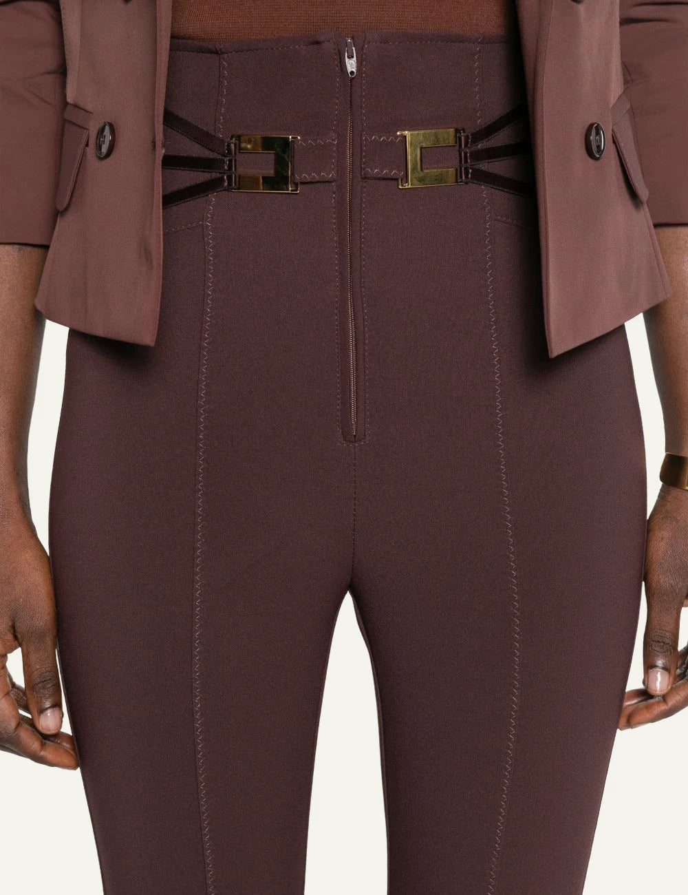 Elisabetta franchi brown crepe trousers corset straps gold logo front detail