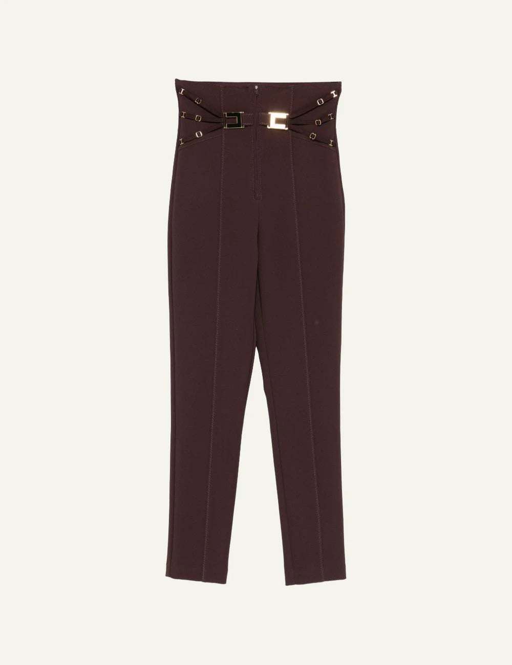 Elisabetta franchi brown crepe trousers corset straps gold logo front