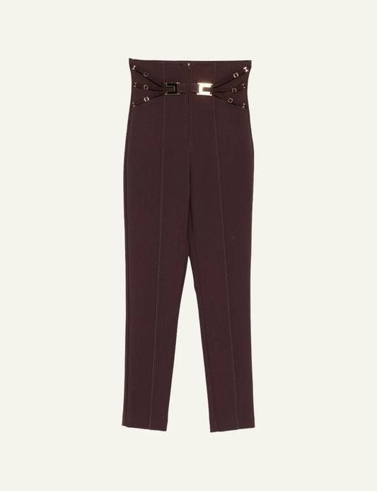 Elisabetta franchi brown crepe trousers corset straps gold logo front