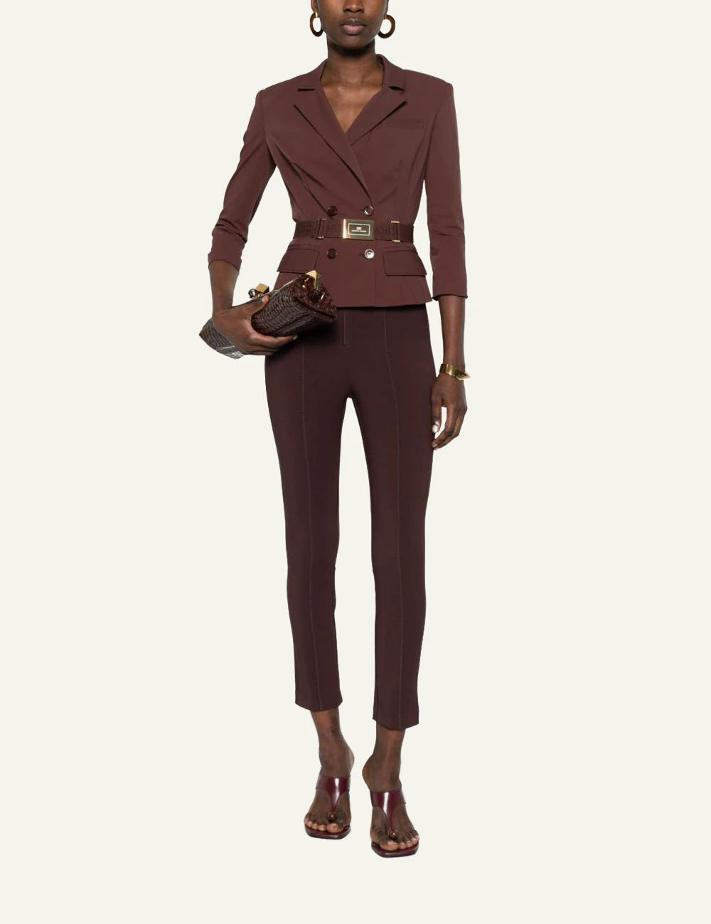 Elisabetta franchi brown crepe trousers corset straps gold logo front full body