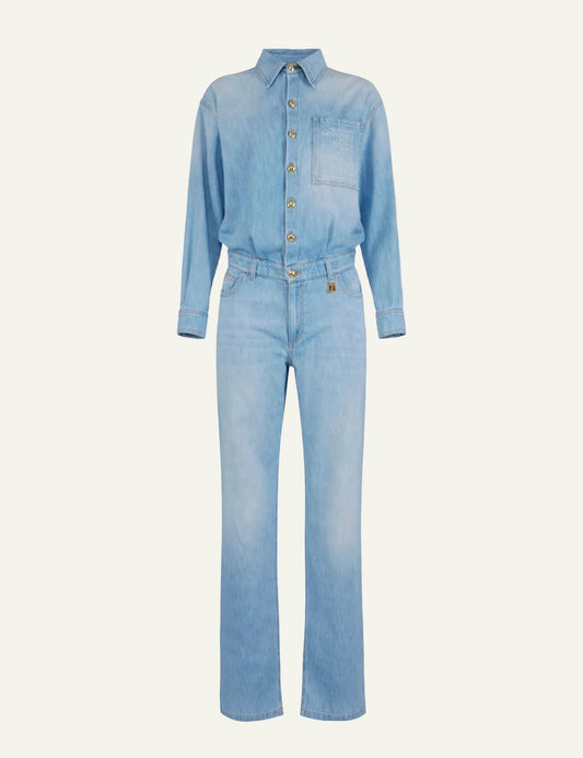 Elisabetta Franchi denim jumpsuit light blue front view