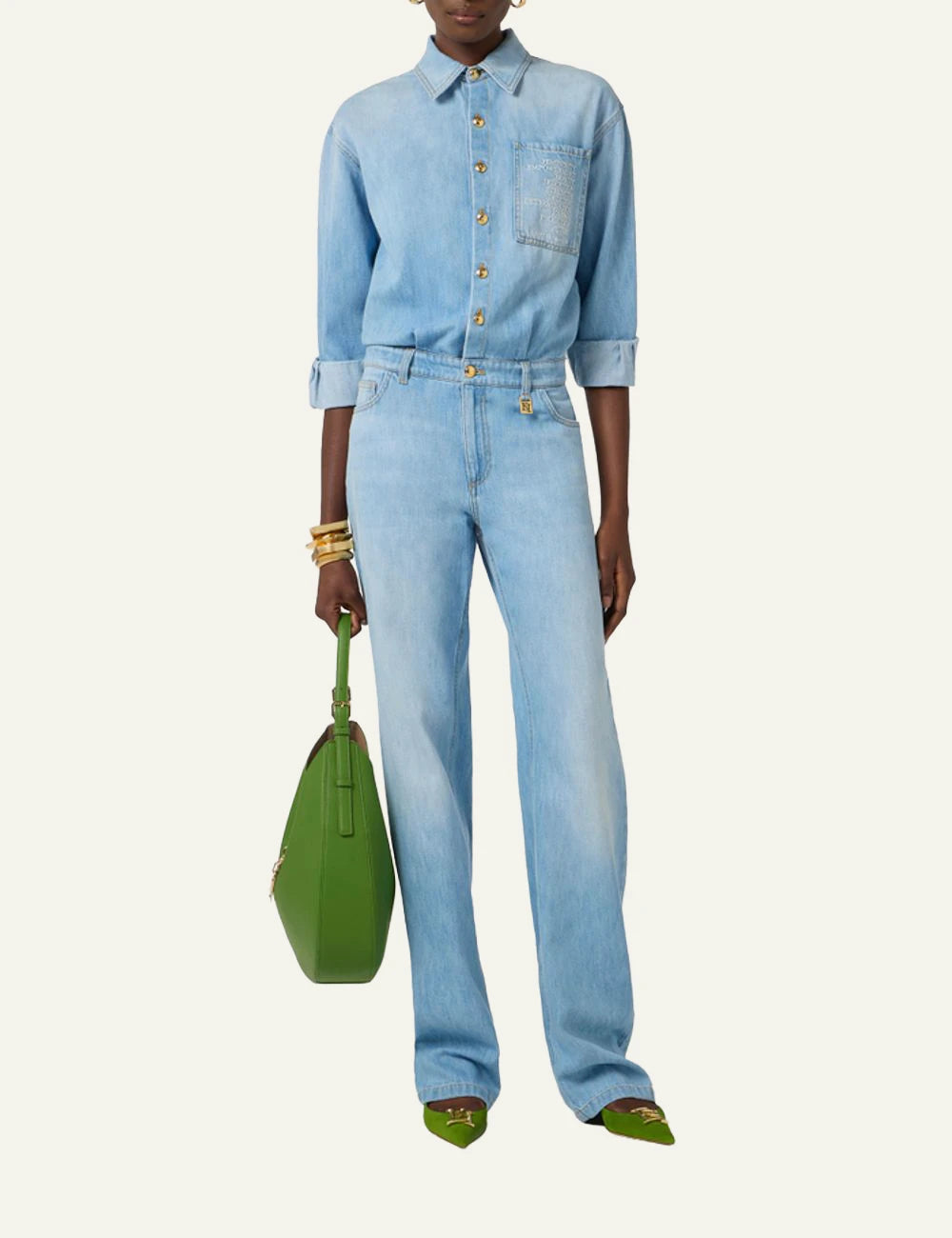Elisabetta Franchi denim jumpsuit light blue full look worn