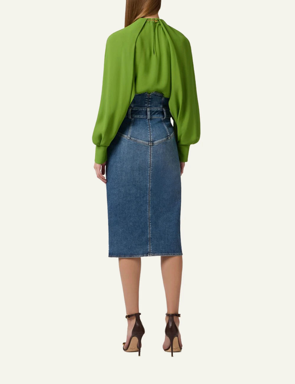 Elisabetta Franchi denim midi skirt blue back view