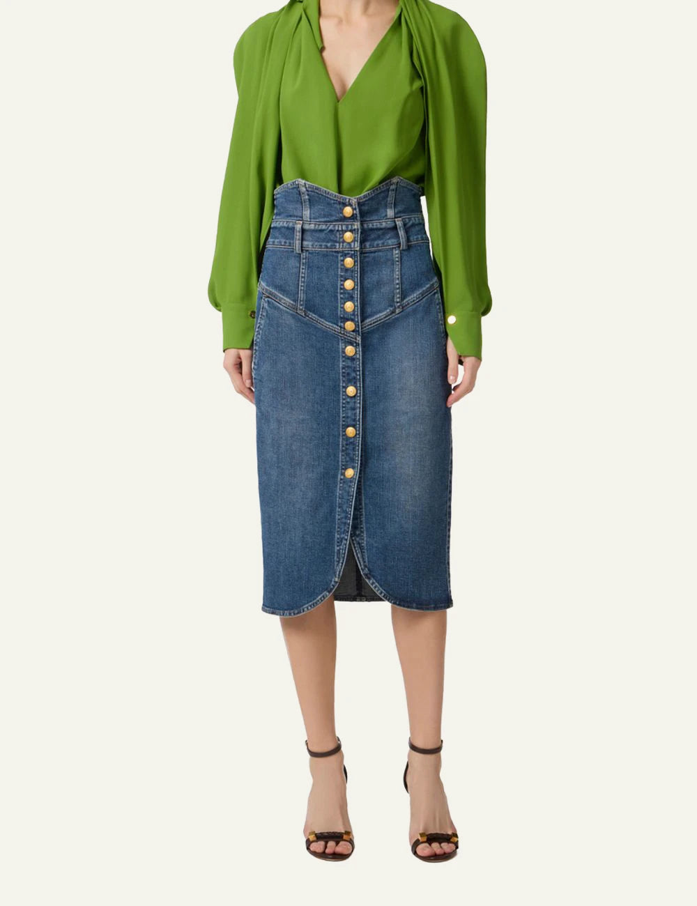 Elisabetta Franchi denim midi skirt blue worn look model