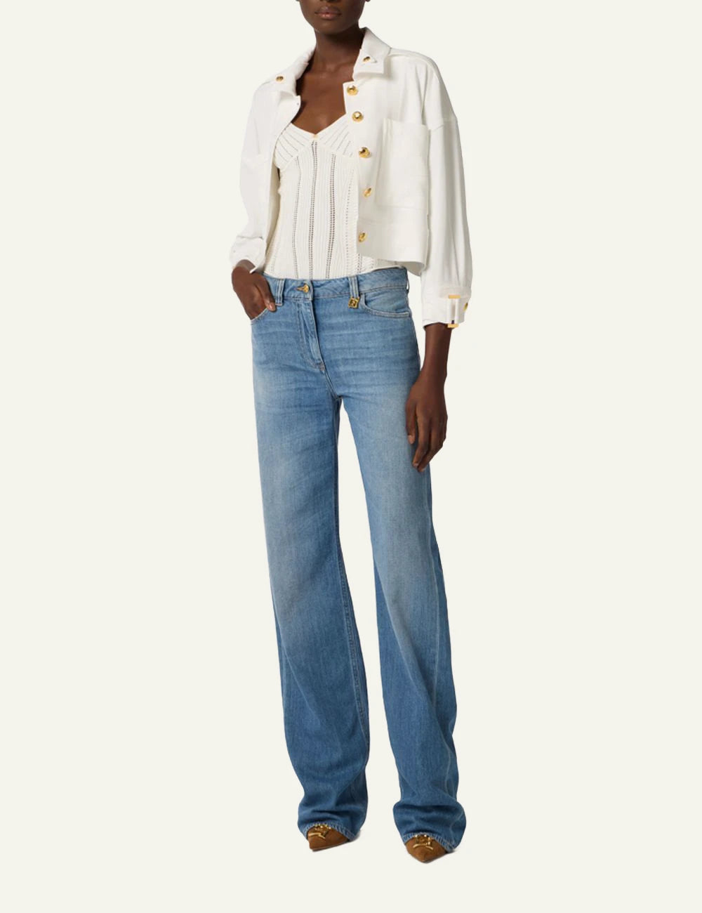 Elisabetta Franchi denim pants blue full body styled look