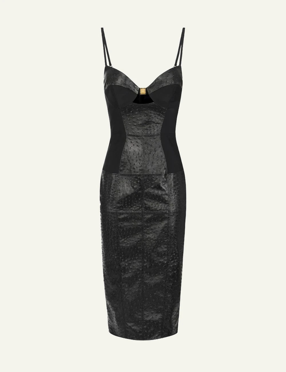 Elisabetta Franchi black leather effect midi dress ostrich texture slim straps front flat view