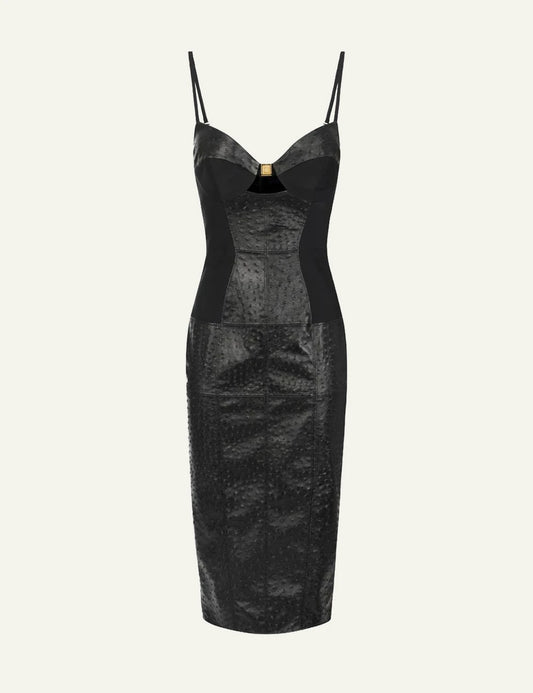 Elisabetta Franchi black leather effect midi dress ostrich texture slim straps front flat view