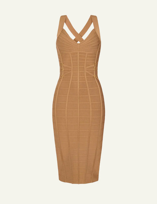 Elisabetta Franchi camel knit pencil dress ribbed 3D effect geometric straps front flat view