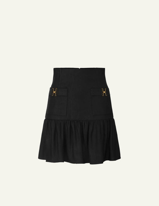 elisabetta franchi black mini skirt gold logo pockets front view