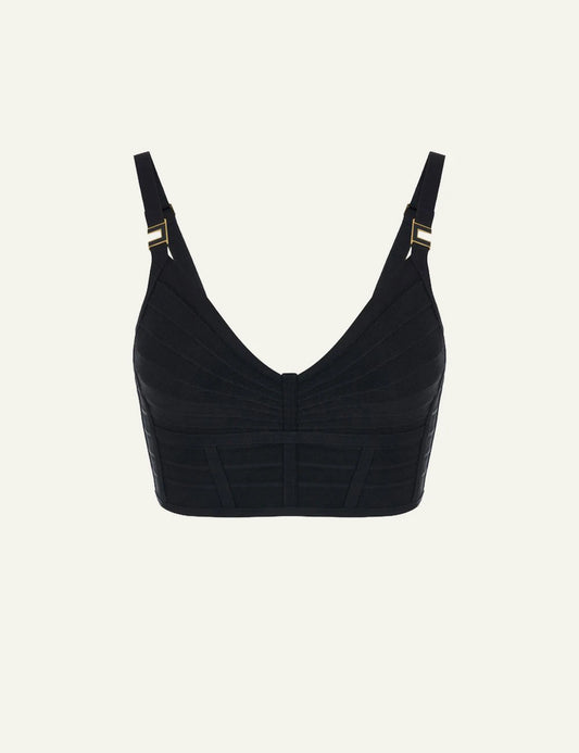 Elisabetta Franchi black knit top ribbed metallic threads geometric bust detail front flat view