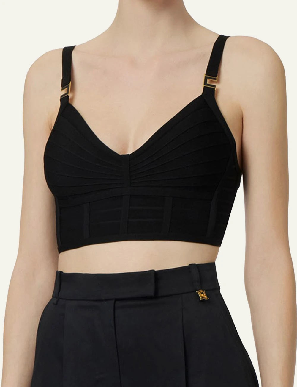 Elisabetta Franchi black knit top ribbed metallic threads geometric bust detail front model view