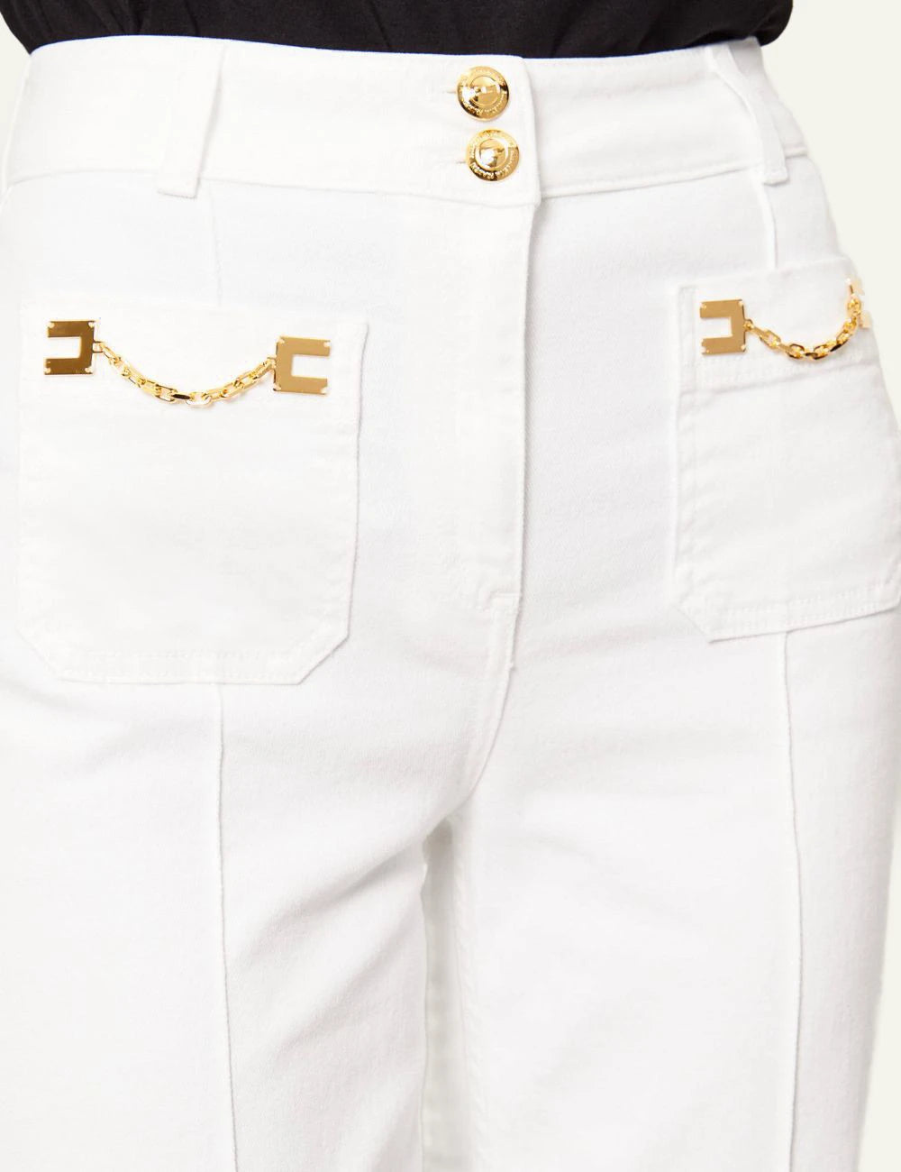 Elisabetta Franchi white denim pants gold chain pocket detail