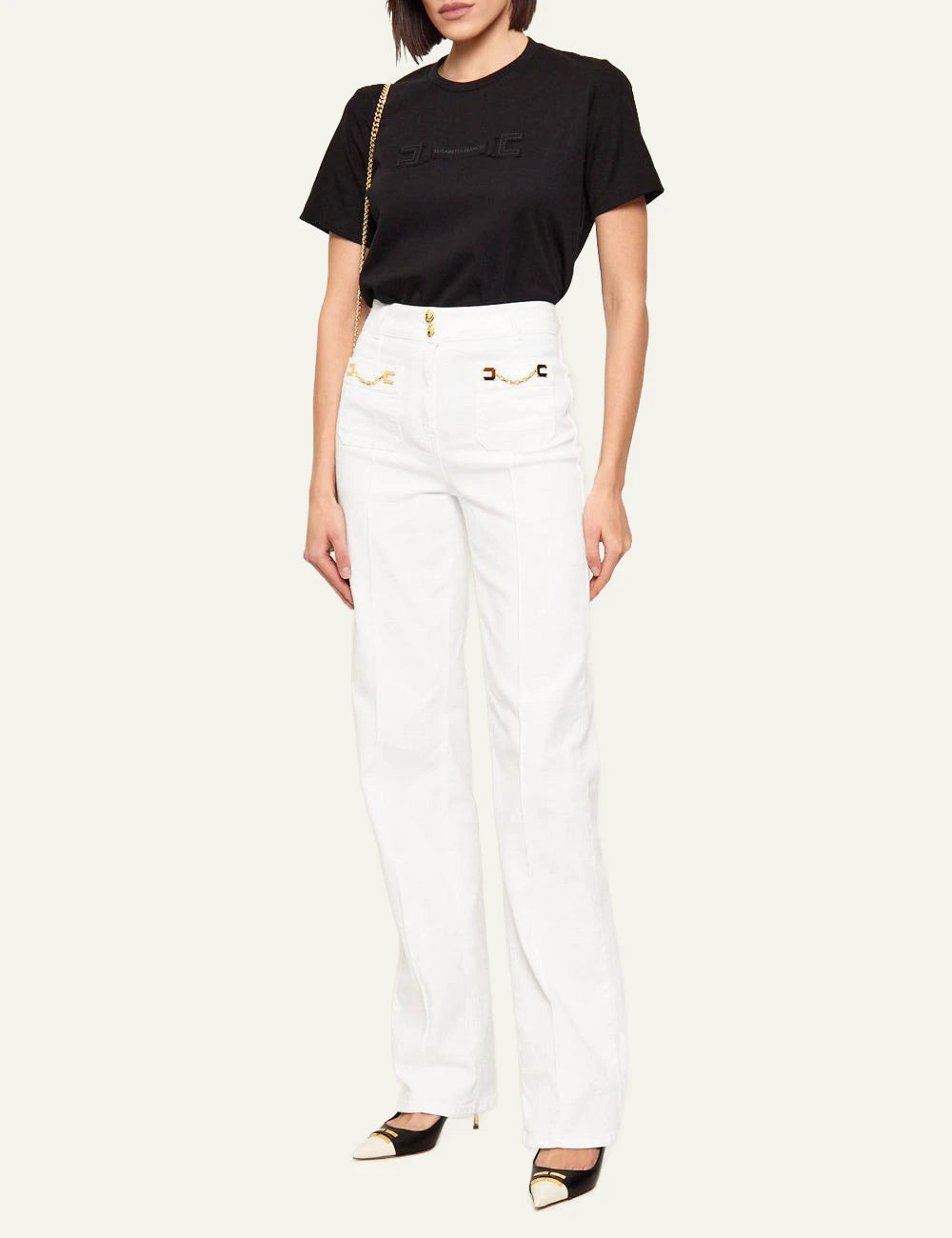 Elisabetta Franchi white denim pants worn look