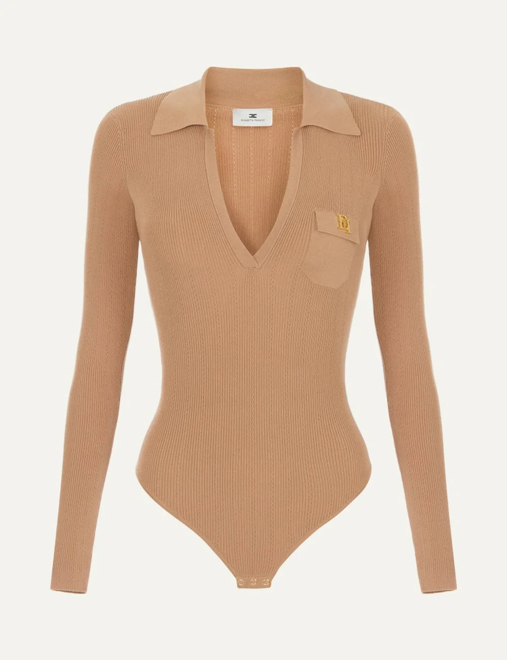 Elisabetta Franchi women's beige ribbed knit polo bodysuit
