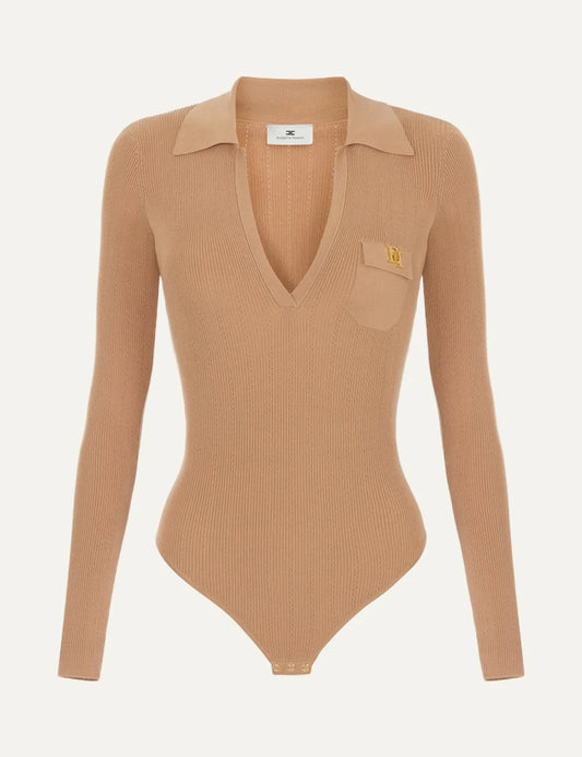 Elisabetta Franchi women's beige ribbed knit polo bodysuit