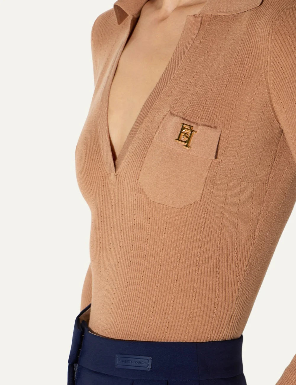 Elisabetta Franchi women's beige ribbed knit polo bodysuit detail