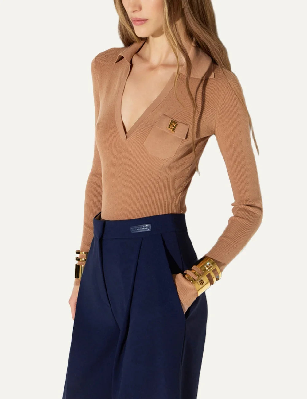 Elisabetta Franchi women's beige ribbed knit polo bodysuit side
