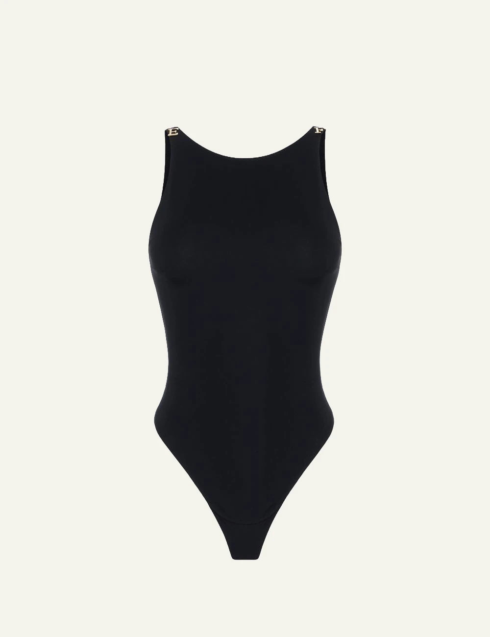  Elisabetta Franchi women's black crêpe jersey bodysuit with gold-tone logo shoulder details