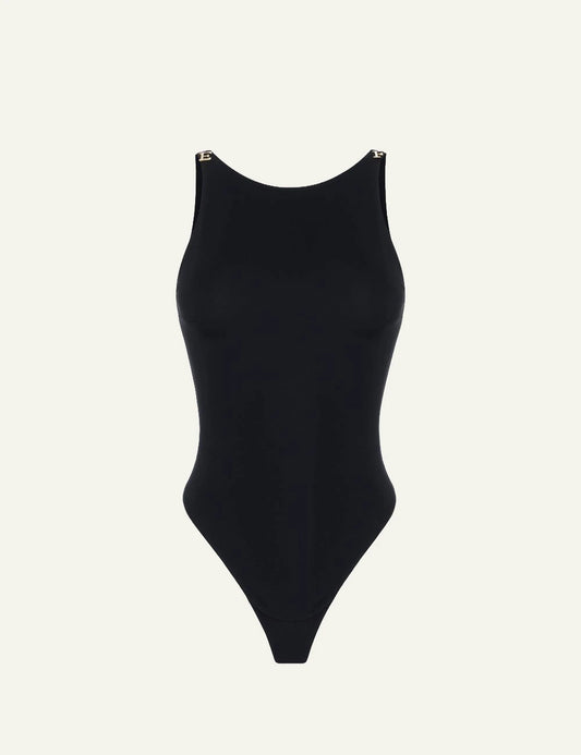  Elisabetta Franchi women's black crêpe jersey bodysuit with gold-tone logo shoulder details