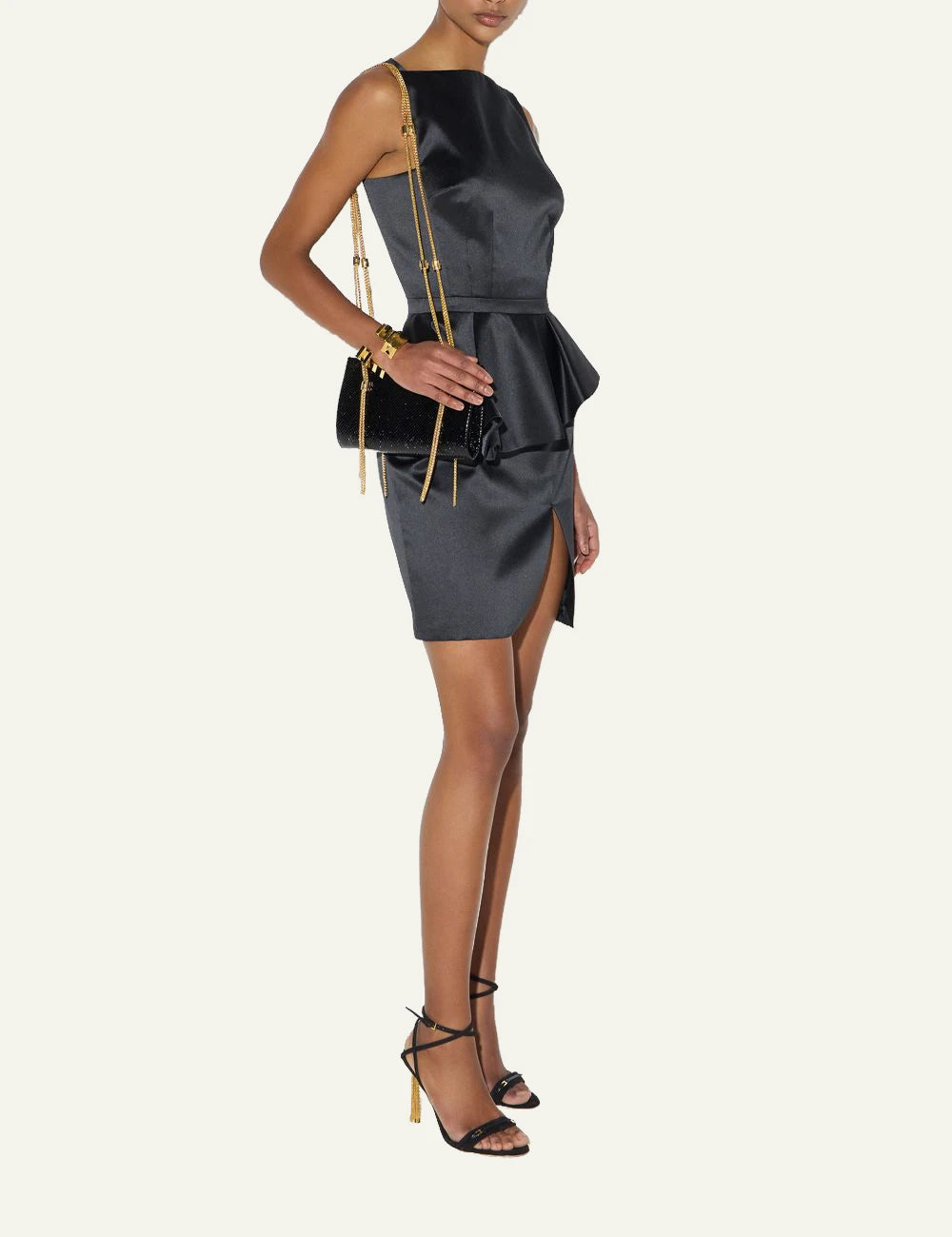  Elisabetta Franchi women's black gazar mini dress with asymmetric peplum detail full body