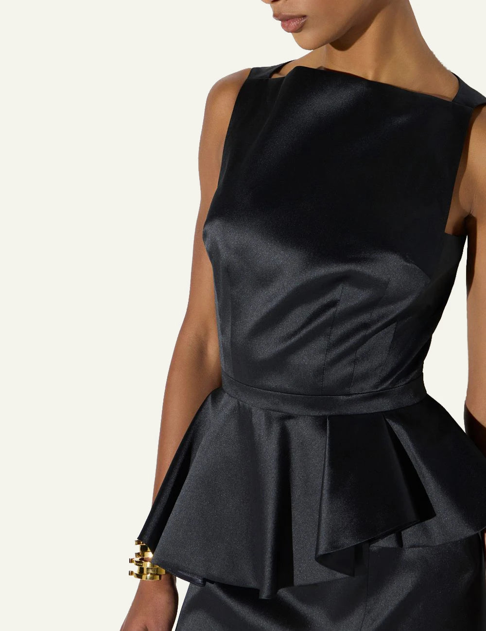  Elisabetta Franchi women's black gazar mini dress with asymmetric peplum detail model