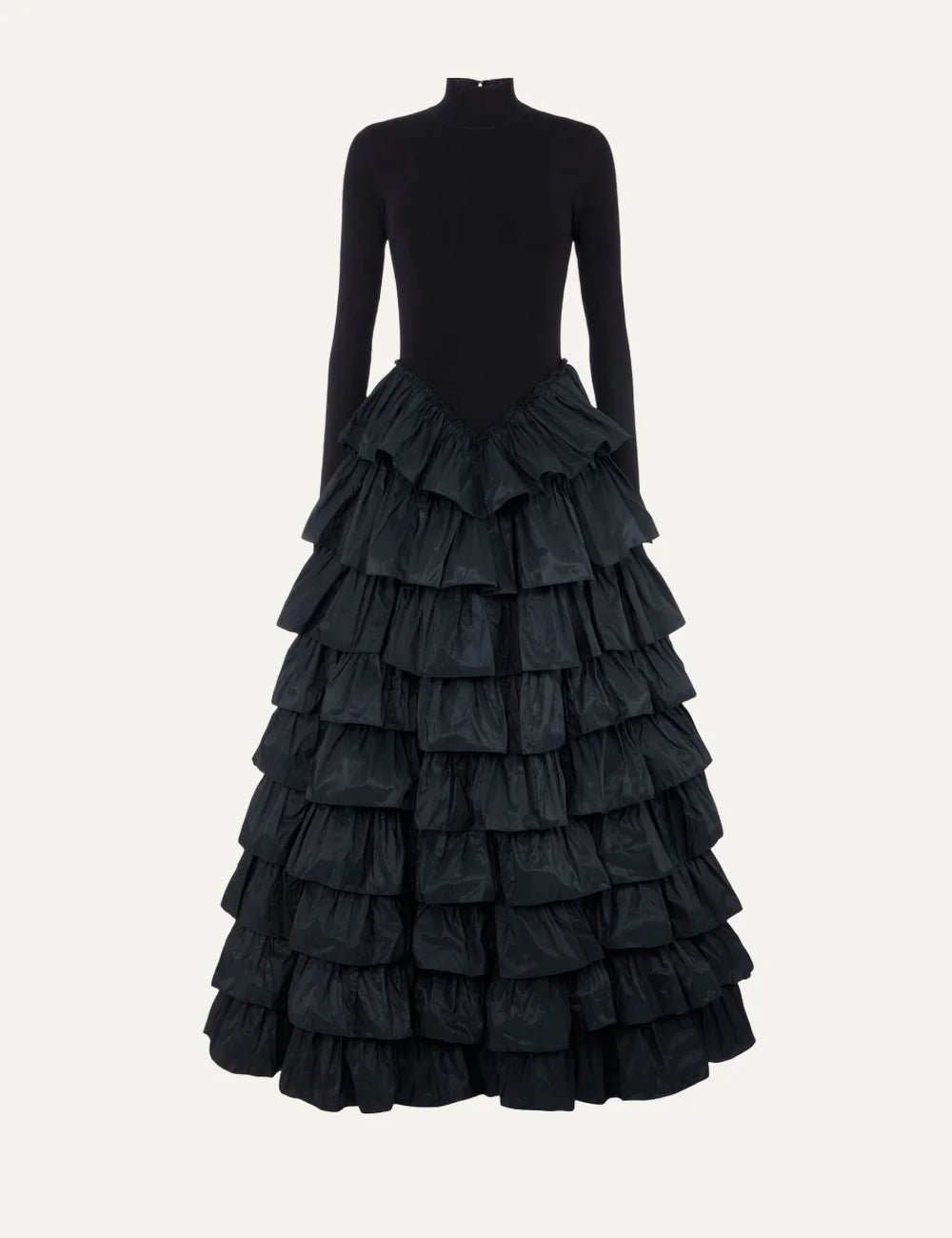 Elisabetta Franchi women's black maxi evening dress with a fitted high-neck knit bodice, long sleeves and a voluminous tiered taffeta ruffle skirt.