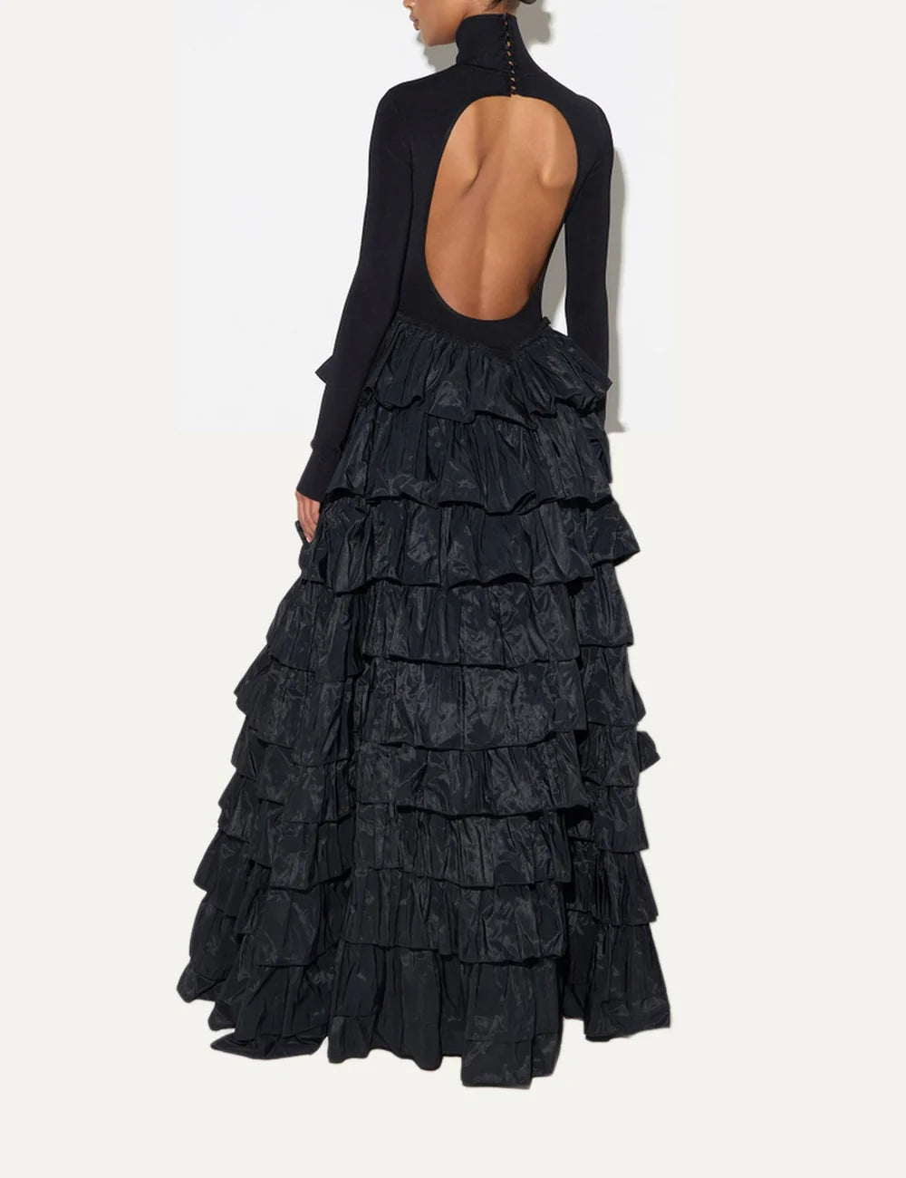 Elisabetta Franchi women's black maxi evening dress with a fitted high-neck knit bodice, long sleeves and a voluminous tiered taffeta ruffle skirt back