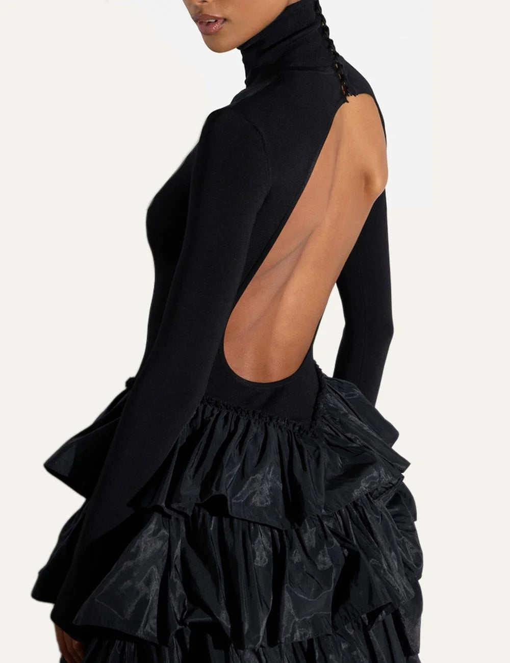 Elisabetta Franchi women's black maxi evening dress with a fitted high-neck knit bodice, long sleeves and a voluminous tiered taffeta ruffle skirt back detail