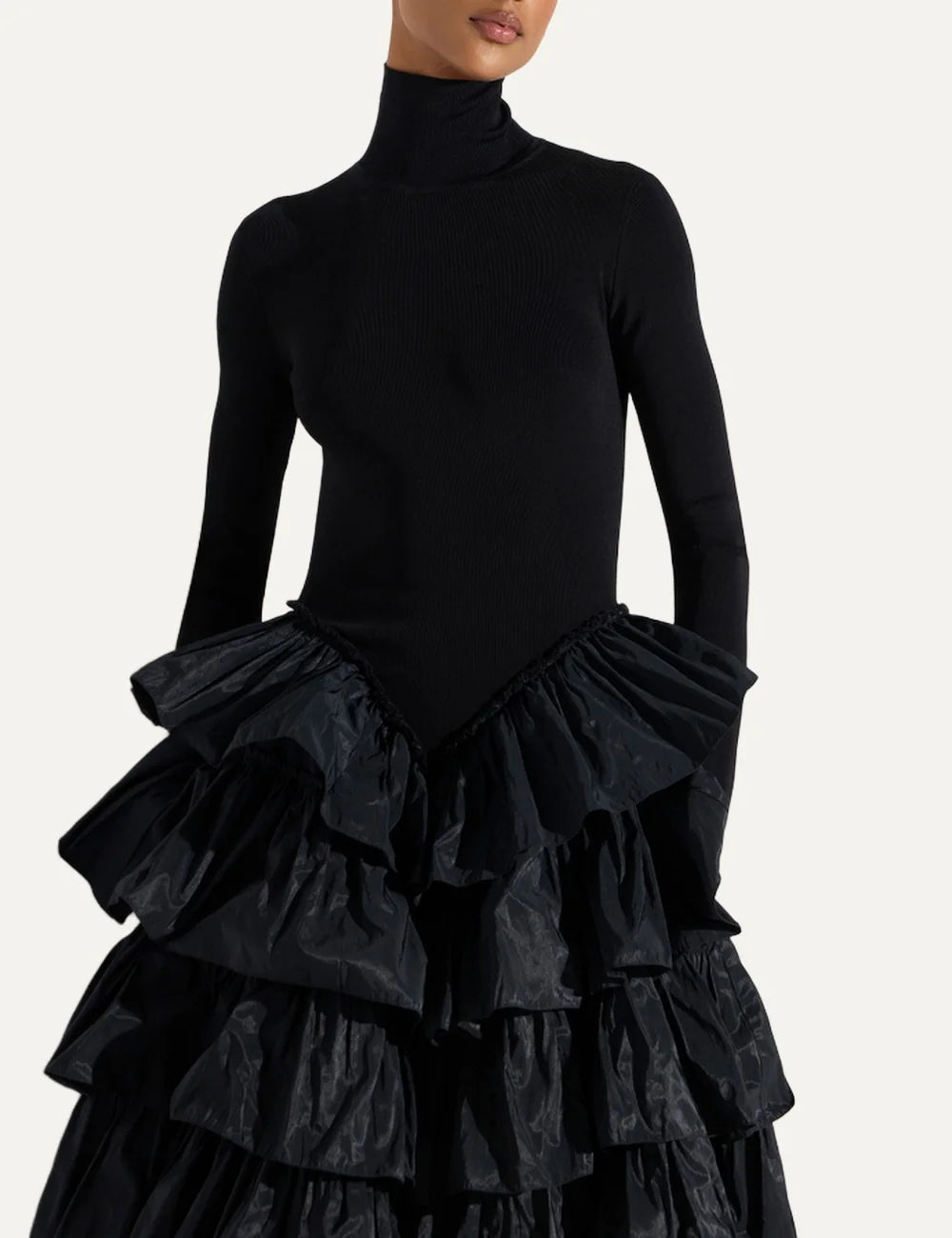 Elisabetta Franchi women's black maxi evening dress with a fitted high-neck knit bodice, long sleeves and a voluminous tiered taffeta ruffle skirt model