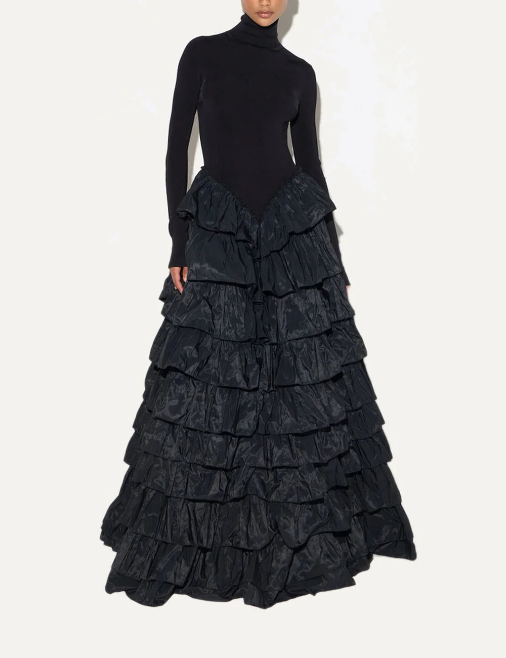 Elisabetta Franchi women's black maxi evening dress with a fitted high-neck knit bodice, long sleeves and a voluminous tiered taffeta ruffle skirt full body