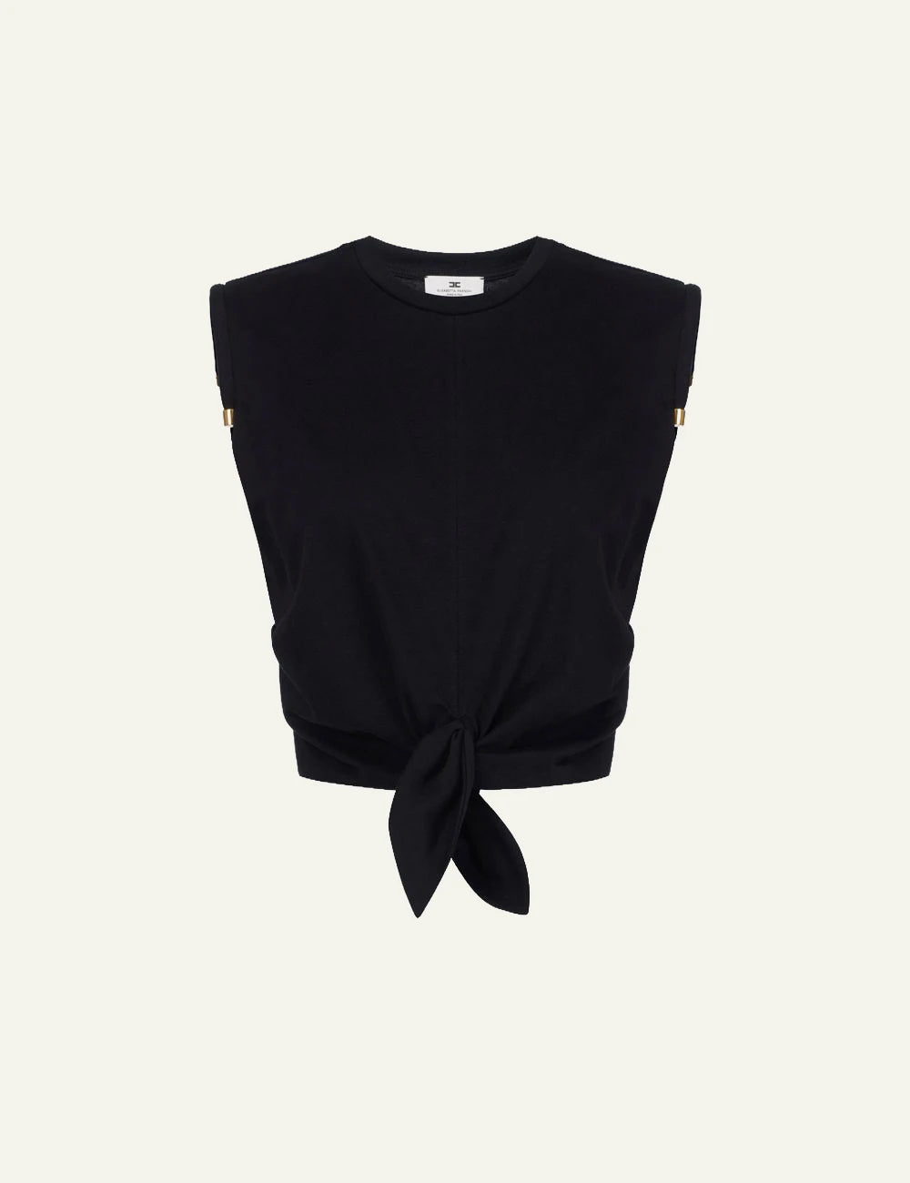 Elisabetta Franchi women's black jersey T-shirt with front knot and gold-tone shoulder details