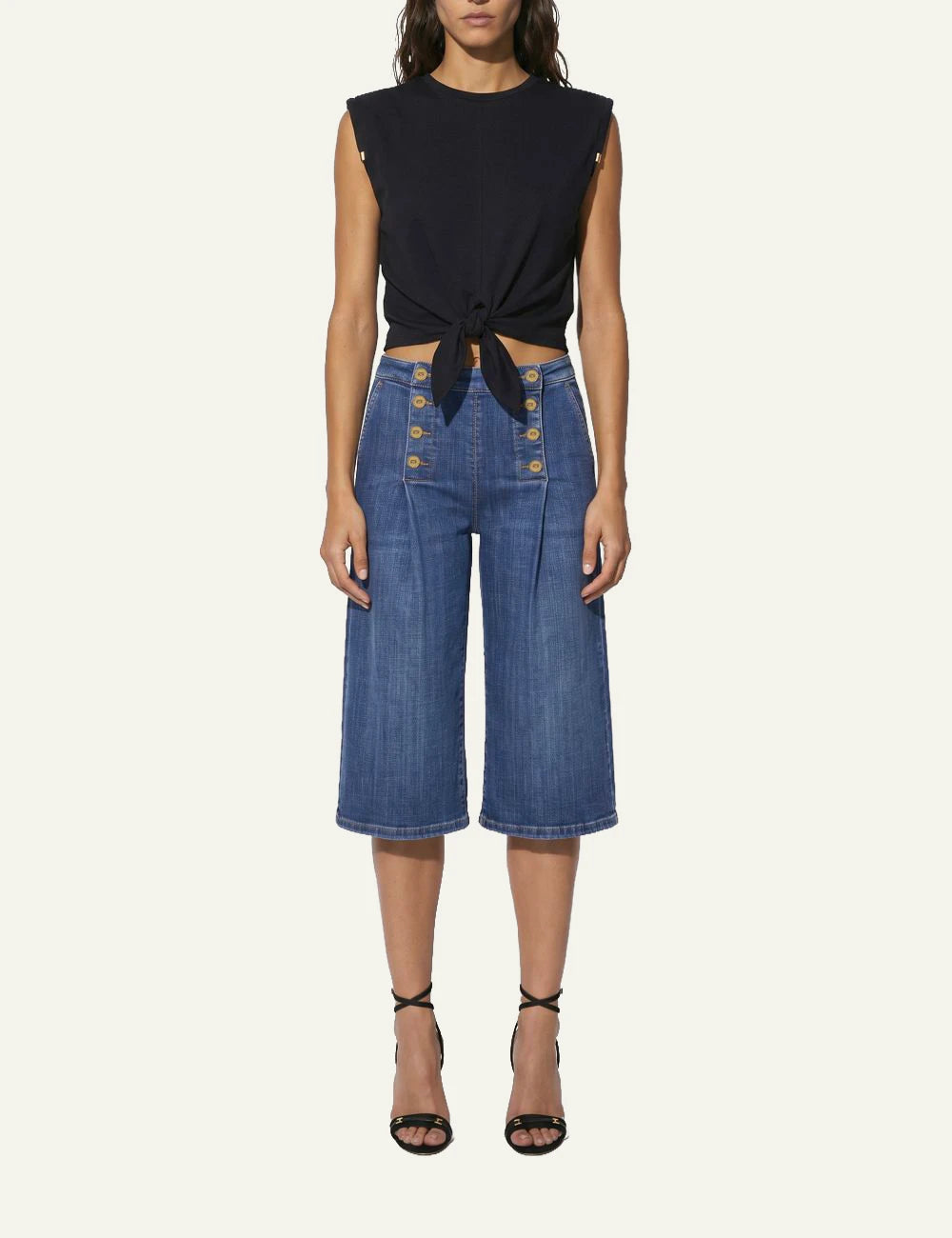 Elisabetta Franchi women's black jersey T-shirt with front knot and gold-tone shoulder details full body