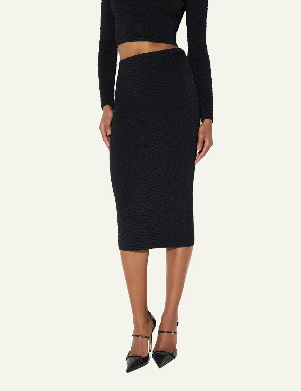 Women's Elisabetta Franchi black knit midi skirt with snake pattern texture model