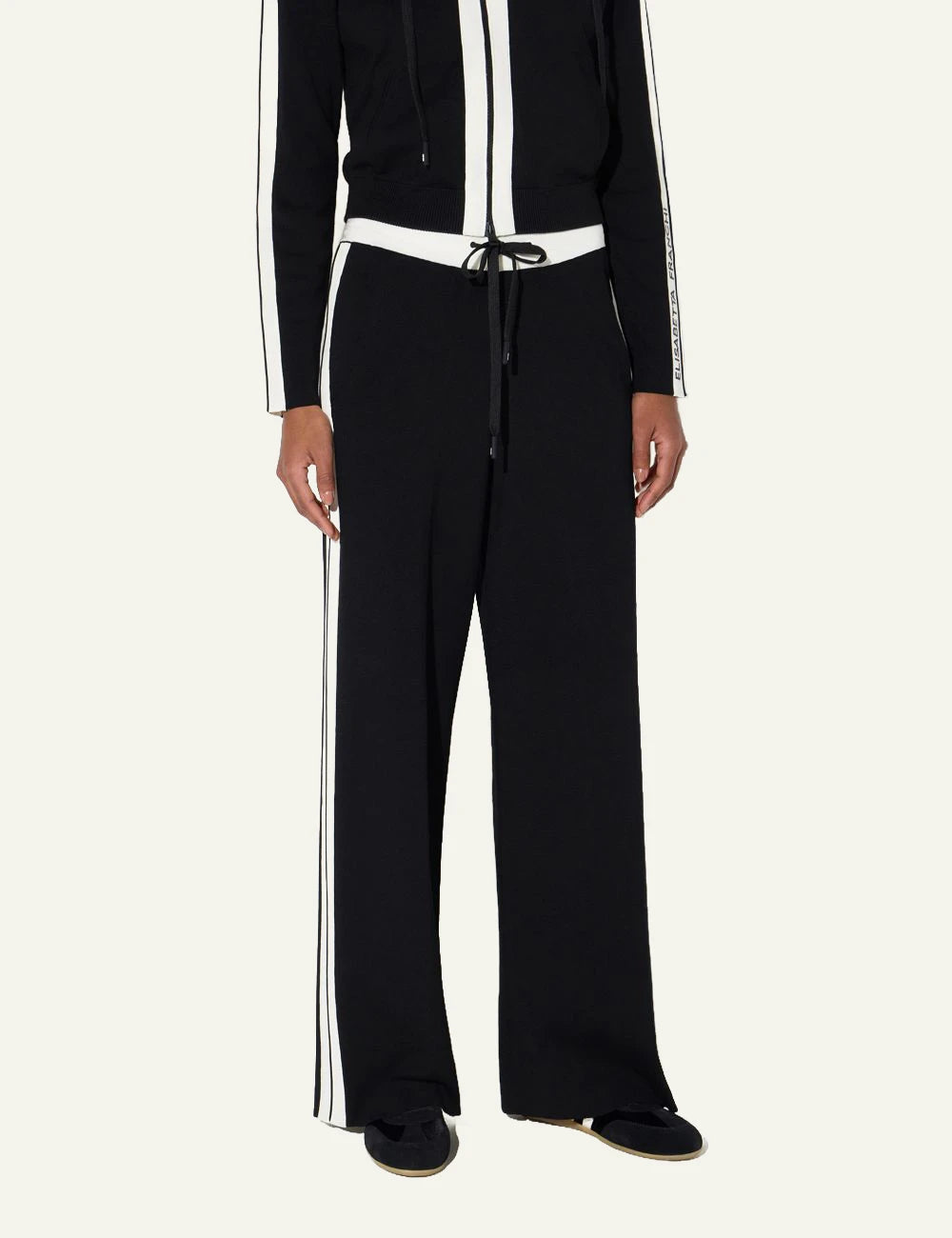 Women's Elisabetta Franchi black knit wide leg trousers with white side panels