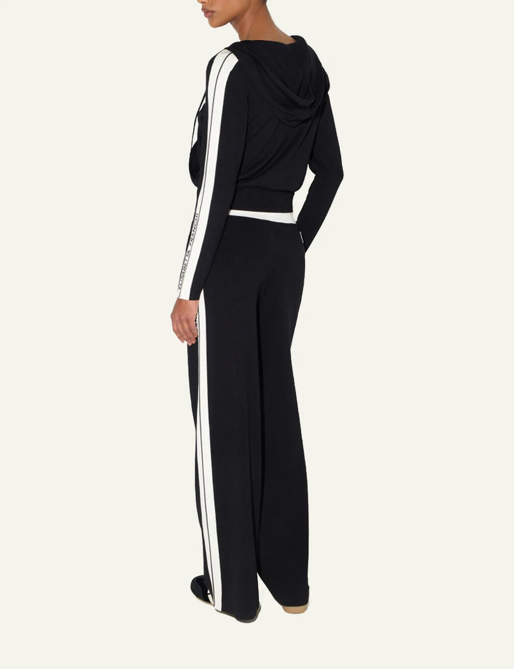 Women's Elisabetta Franchi black knit wide leg trousers with white side panels back