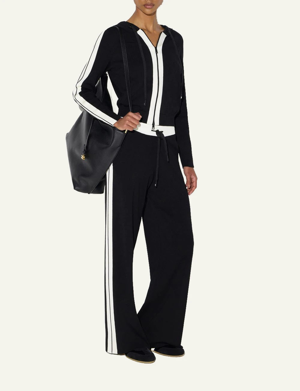Women's Elisabetta Franchi black knit wide leg trousers with white side panels full body