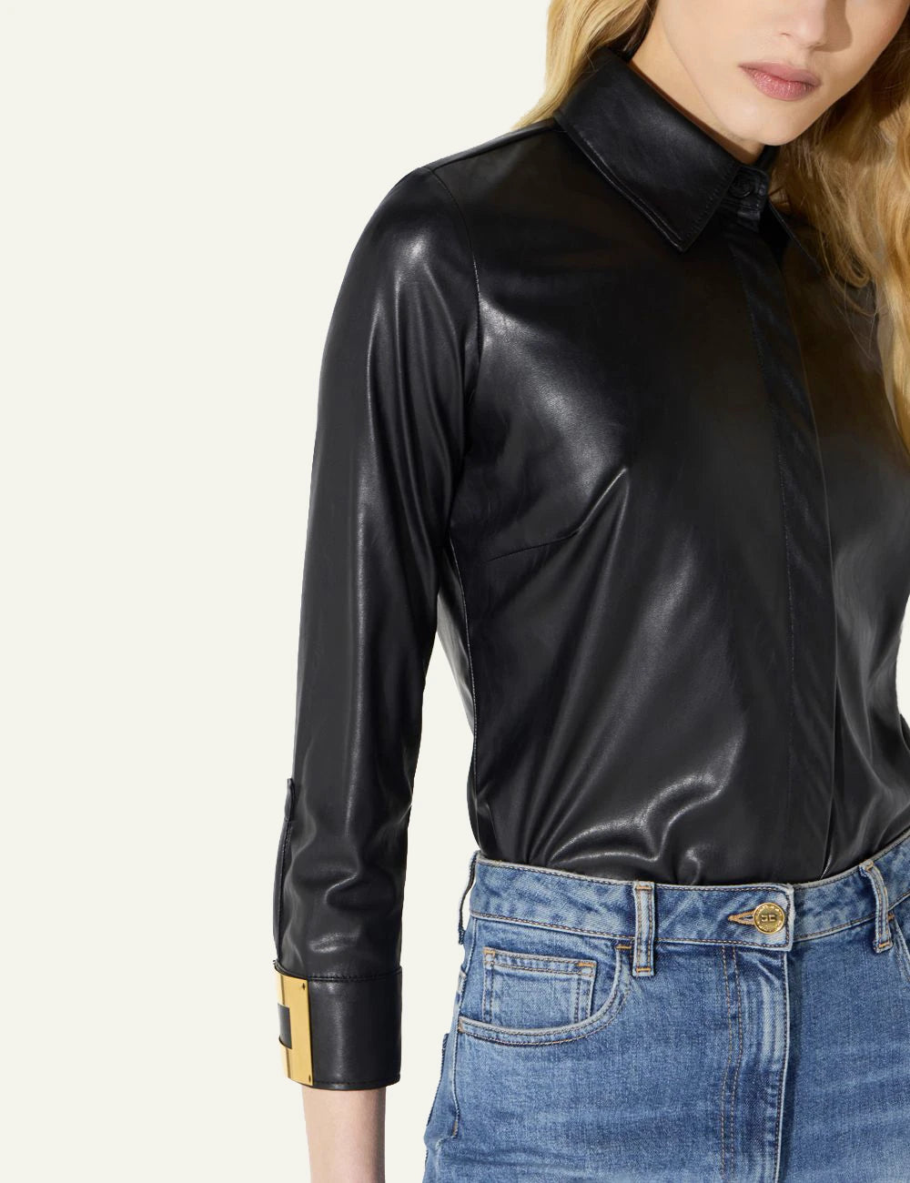 Elisabetta Franchi women's black leather-effect shirt with logo details