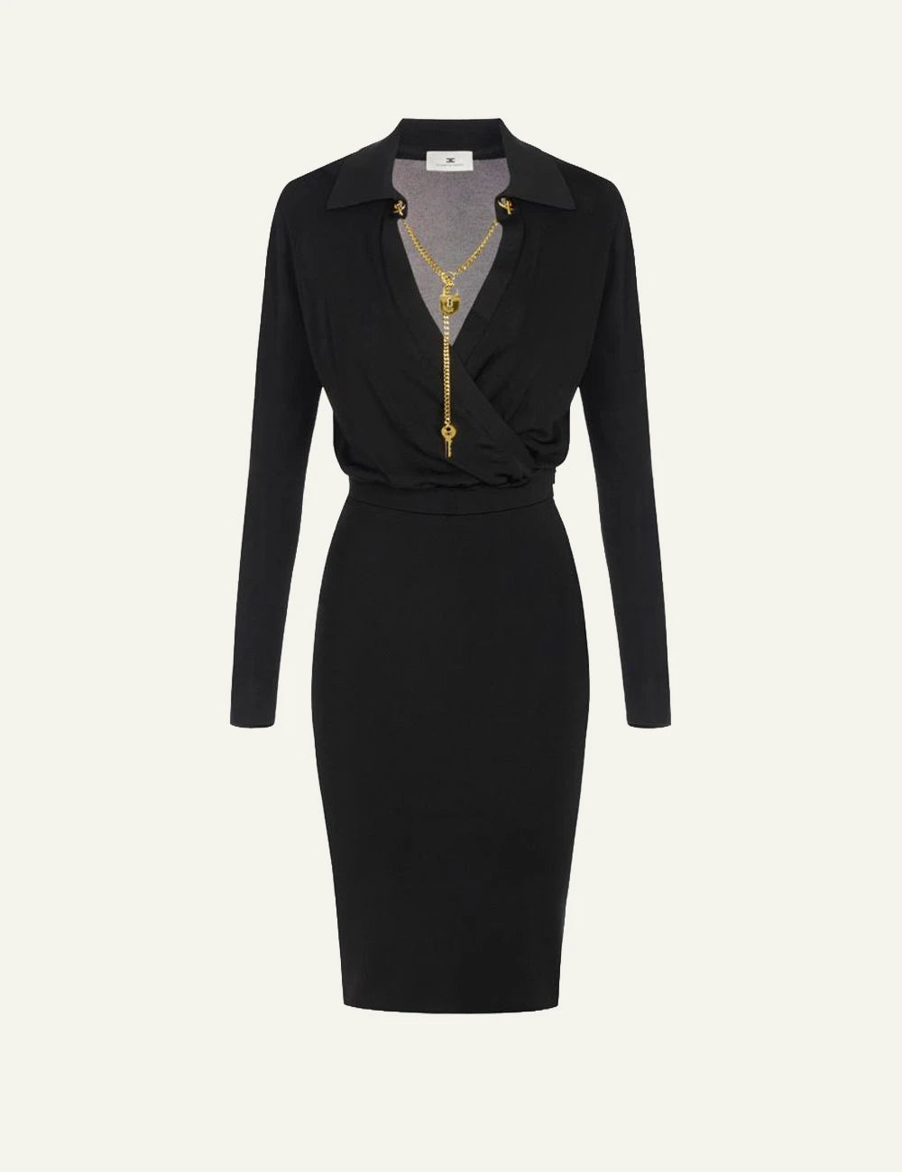 Women's Elisabetta Franchi black midi dress with gold chain and padlock key charms