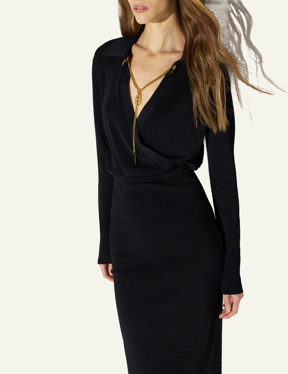 Women's Elisabetta Franchi black midi dress with gold chain and padlock key charms side