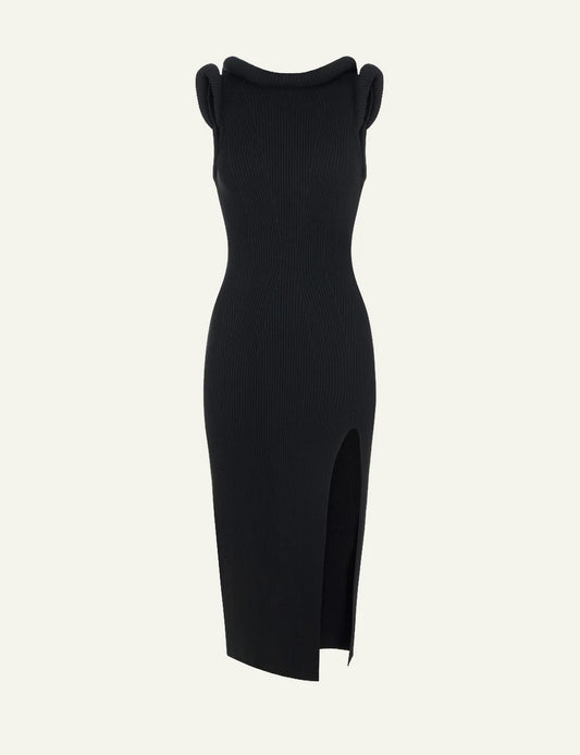Elisabetta Franchi women's black ribbed knit midi dress with side slit