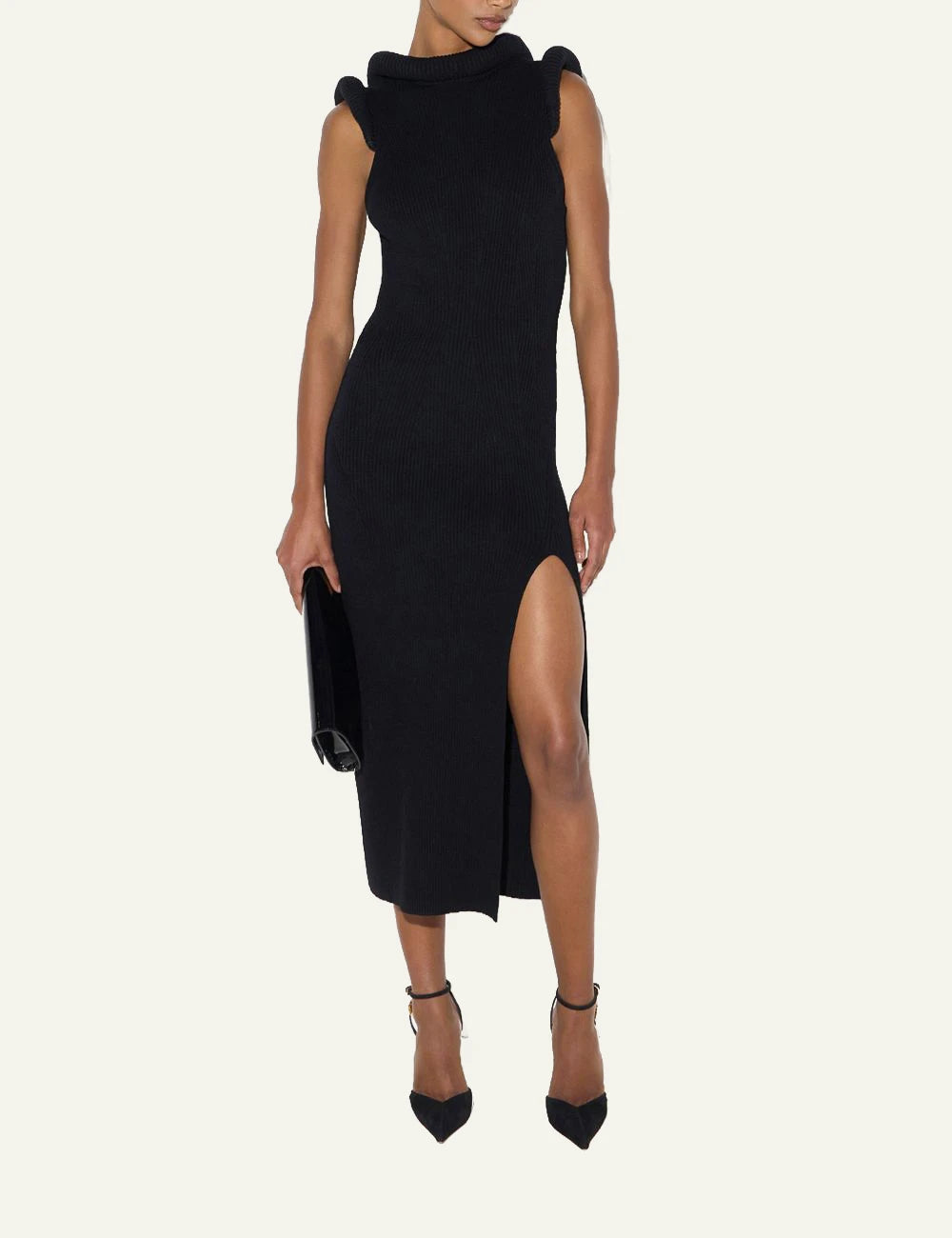Elisabetta Franchi women's black ribbed knit midi dress with side slit full body