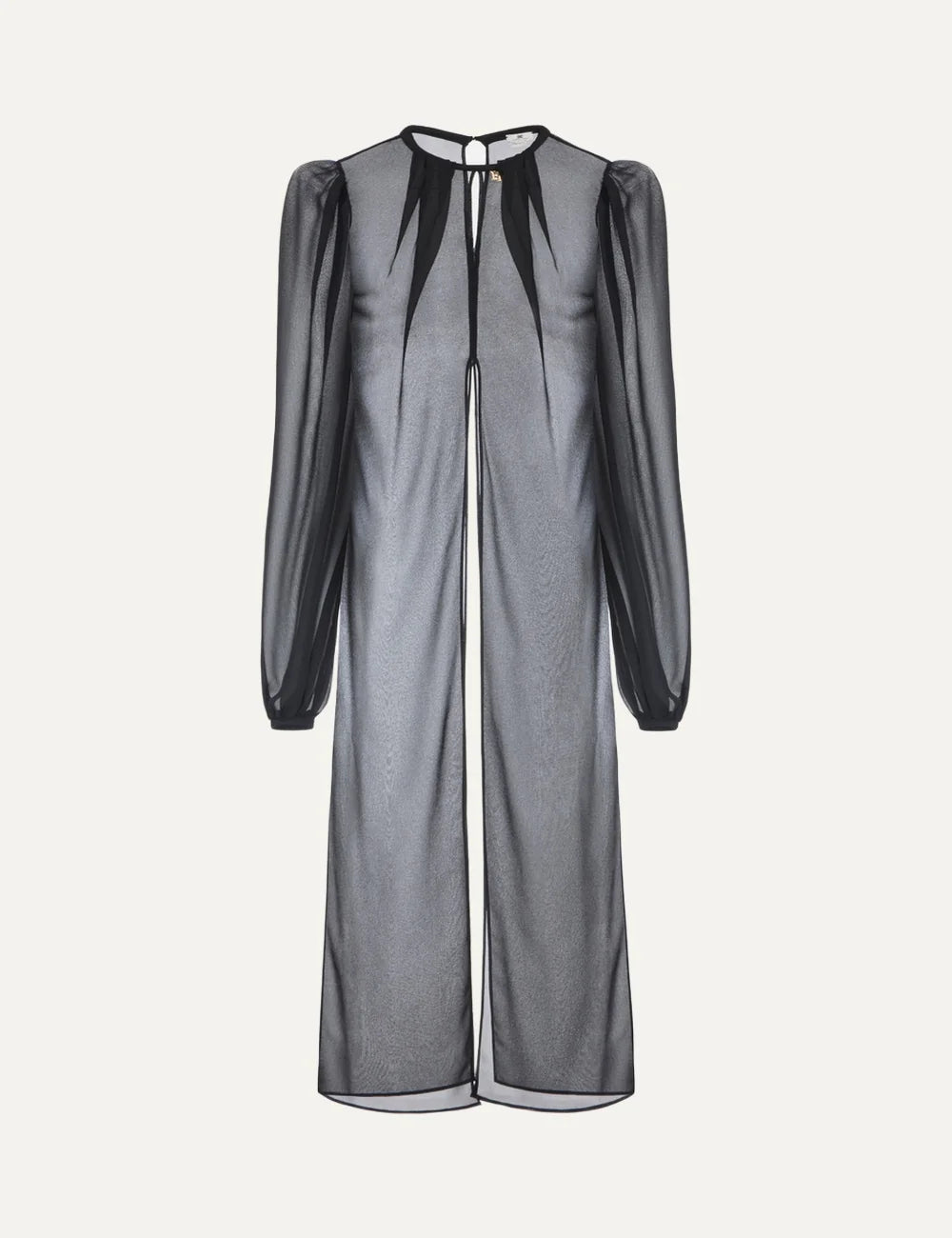 Elisabetta Franchi women's black sheer georgette long blouse with draped round neckline, puffed long sleeves and flowing split front panels.