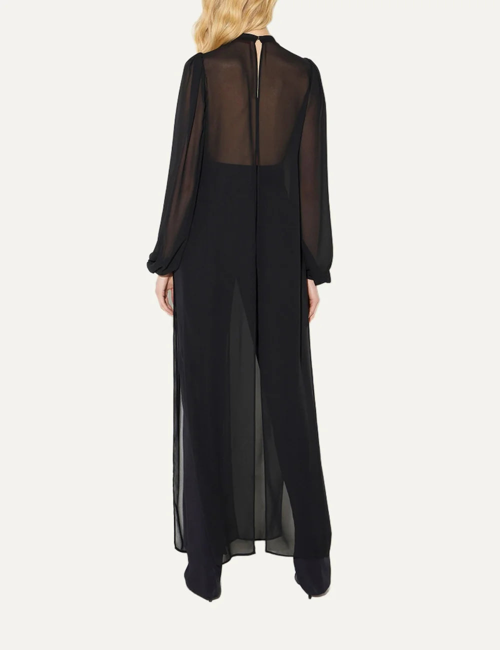 Elisabetta Franchi women's black sheer georgette long blouse with draped round neckline, puffed long sleeves and flowing split front panels back