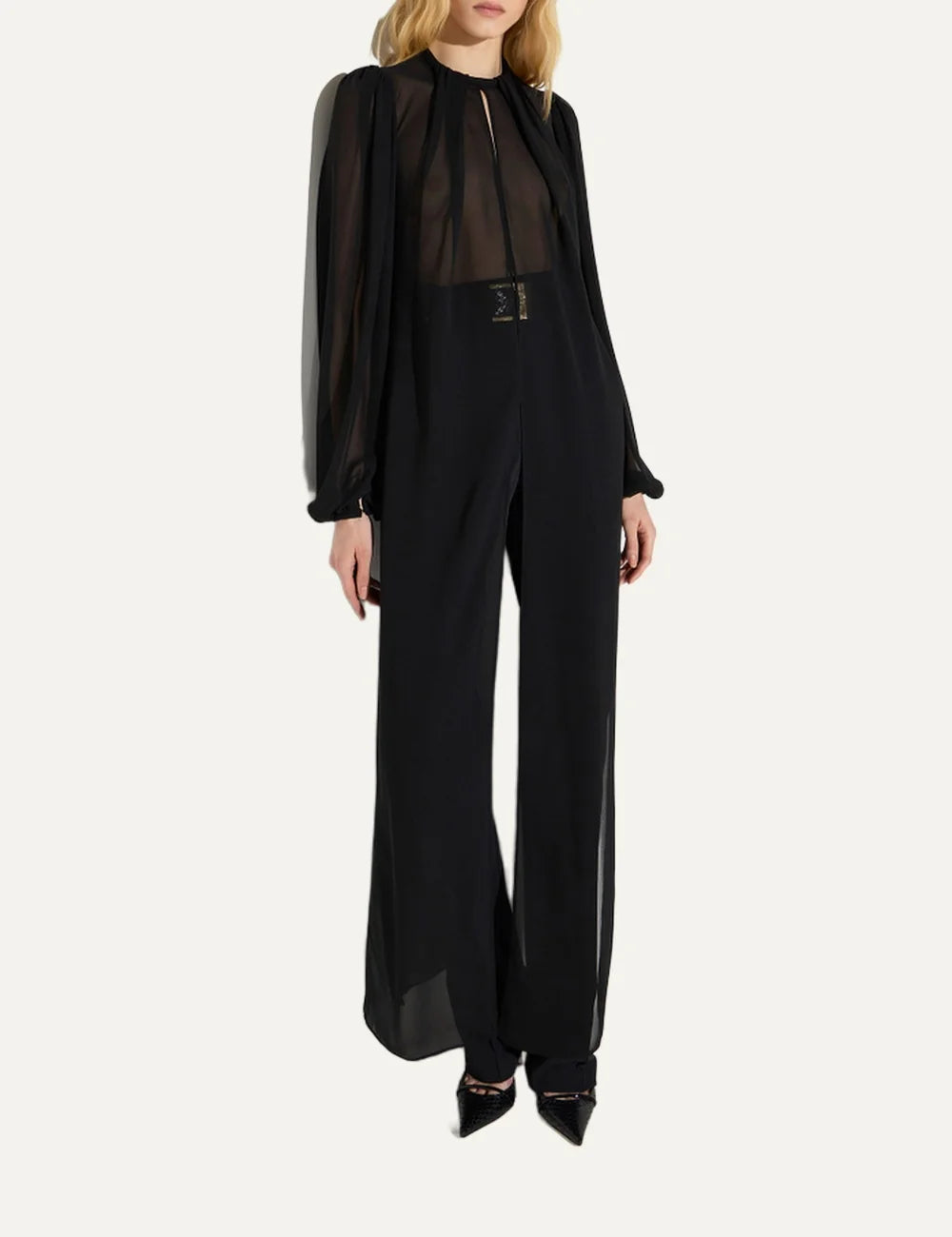 Elisabetta Franchi women's black sheer georgette long blouse with draped round neckline, puffed long sleeves and flowing split front panels full body
