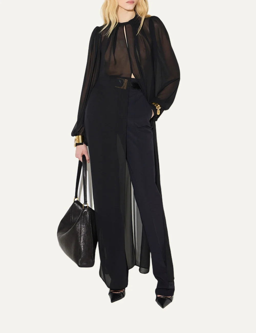 Elisabetta Franchi women's black sheer georgette long blouse with draped round neckline, puffed long sleeves and flowing split front panels model