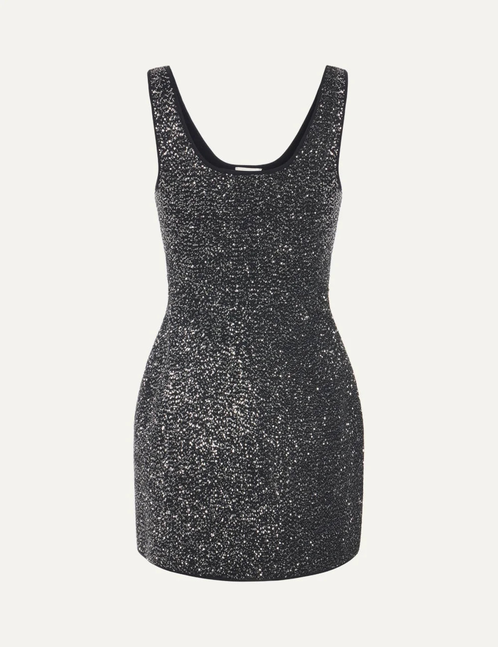 Elisabetta Franchi women's black and silver sequin knit mini dress with wide shoulder straps, scoop neckline and fitted silhouette.